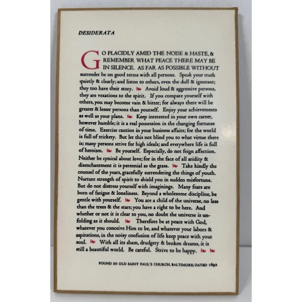 Vintage Desiderata by Max Ehrmann Poetry Excerpt on Wooden Wall Hanging Plaque